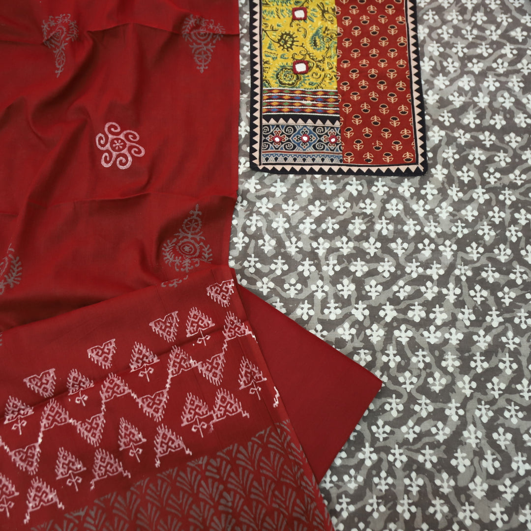 Rooprani Hazelnut Tan Beige Ajrak Patches with Mirror Work Printed Cotton Suit Set D2