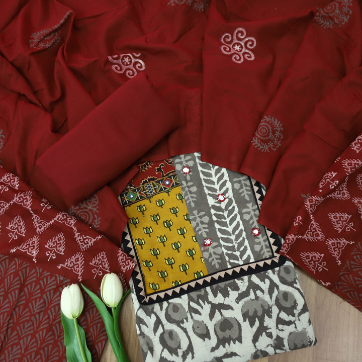 Rooprani Hazelnut Tan Beige Ajrak Patches with Mirror Work Printed Cotton Suit Set D3
