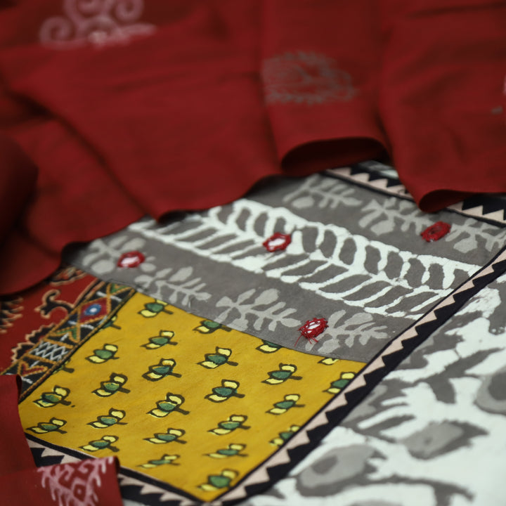Rooprani Hazelnut Tan Beige Ajrak Patches with Mirror Work Printed Cotton Suit Set D3