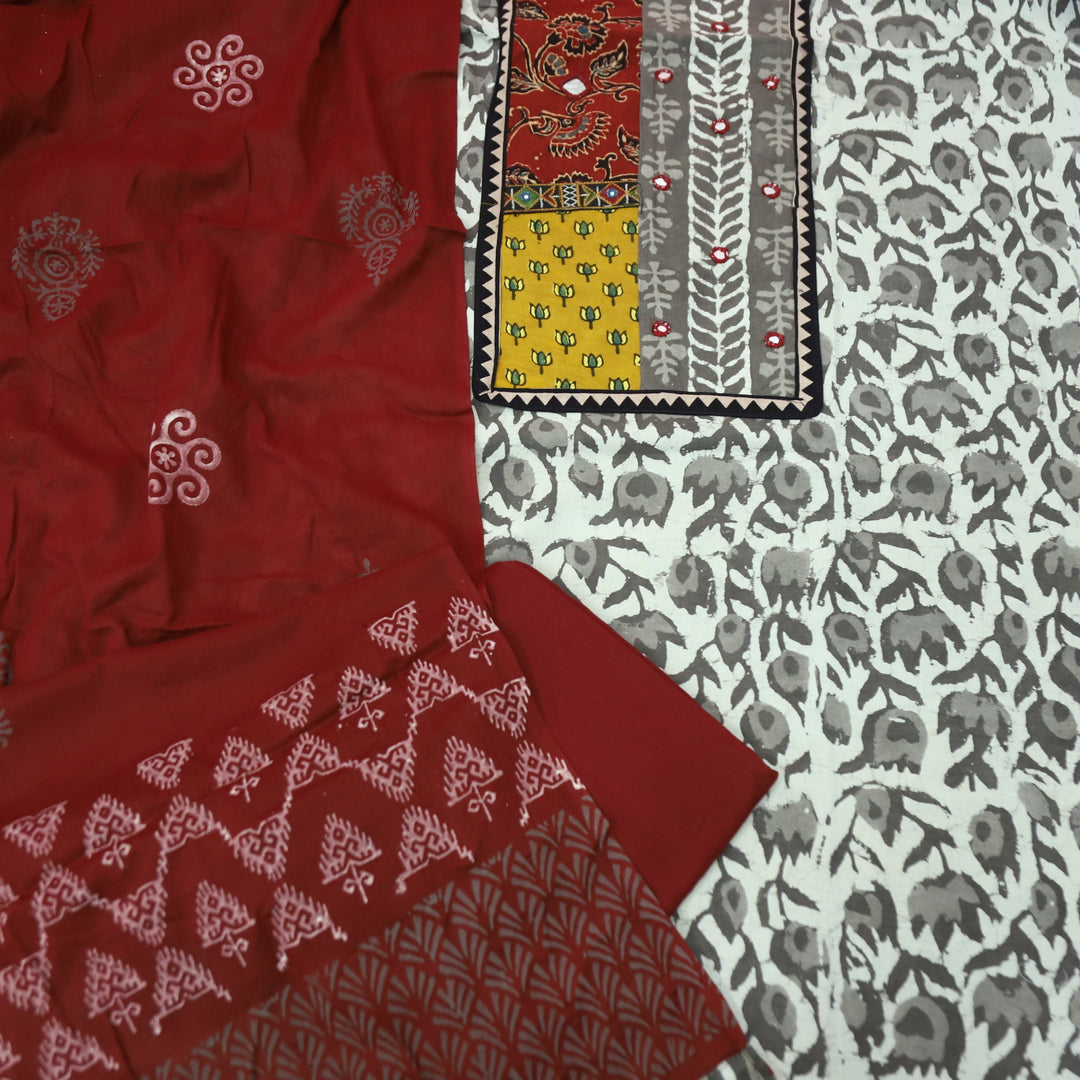 Rooprani Hazelnut Tan Beige Ajrak Patches with Mirror Work Printed Cotton Suit Set D3