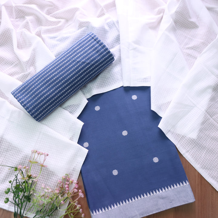 Janki Navy Blue All Over Thread Weaved Buti with Temple Hem Cotton Suit Set