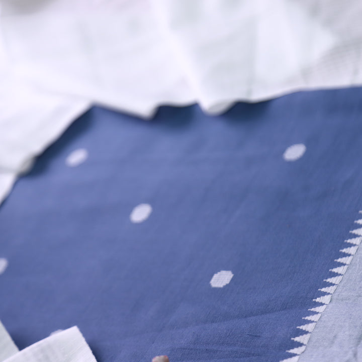 Janki Navy Blue All Over Thread Weaved Buti with Temple Hem Cotton Suit Set