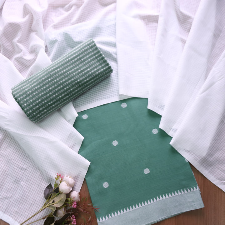 Janki Cambridge Sage All Over Thread Weaved Buti with Temple Hem Cotton Suit Set