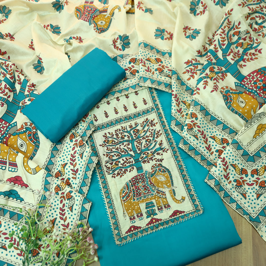Janki Aqua Teal Gajj Madhubani Print Patch Yoke with Chain Zari Work Jam Cotton Suit Set