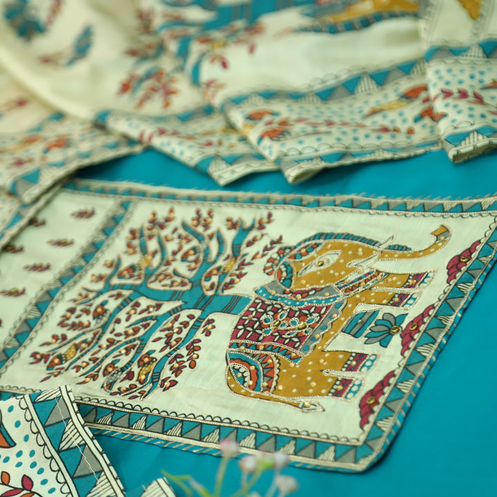 Janki Aqua Teal Gajj Madhubani Print Patch Yoke with Chain Zari Work Jam Cotton Suit Set