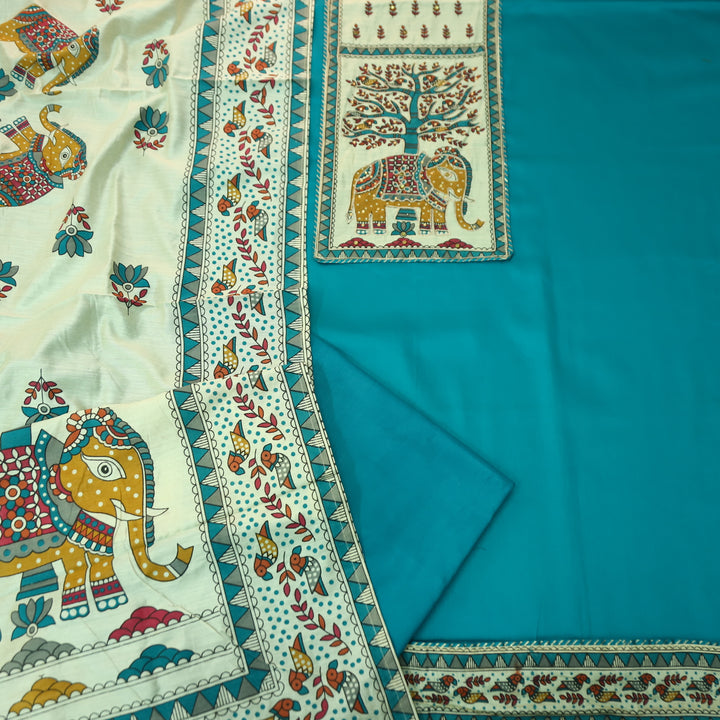 Janki Aqua Teal Gajj Madhubani Print Patch Yoke with Chain Zari Work Jam Cotton Suit Set