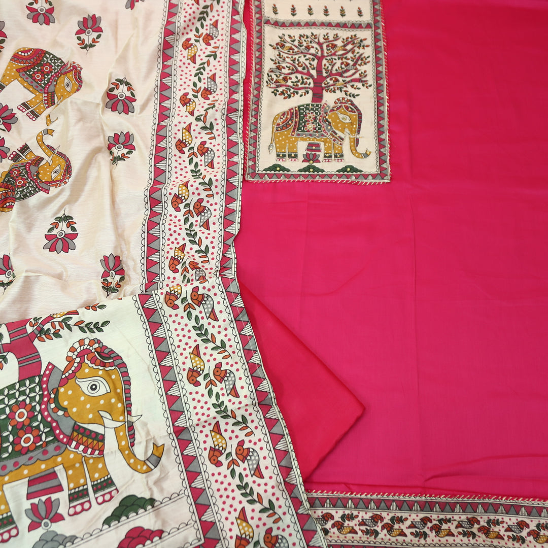 Janki Rani Pink Gajj Madhubani Print Patch Yoke with Chain Zari Work Jam Cotton Suit Set