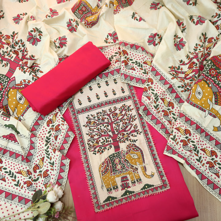 Janki Rani Pink Gajj Madhubani Print Patch Yoke with Chain Zari Work Jam Cotton Suit Set