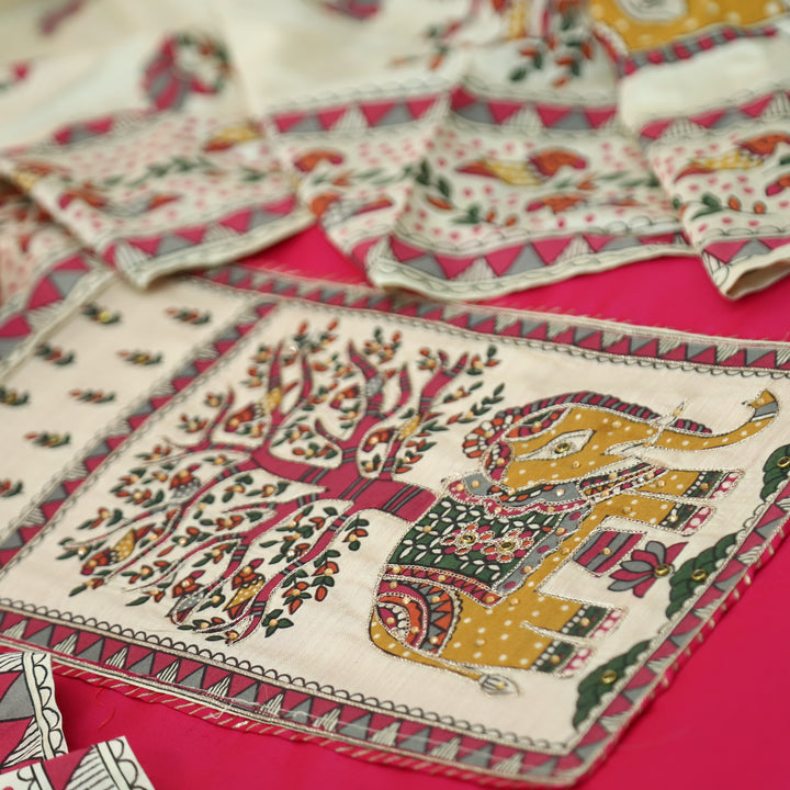 Janki Rani Pink Gajj Madhubani Print Patch Yoke with Chain Zari Work Jam Cotton Suit Set