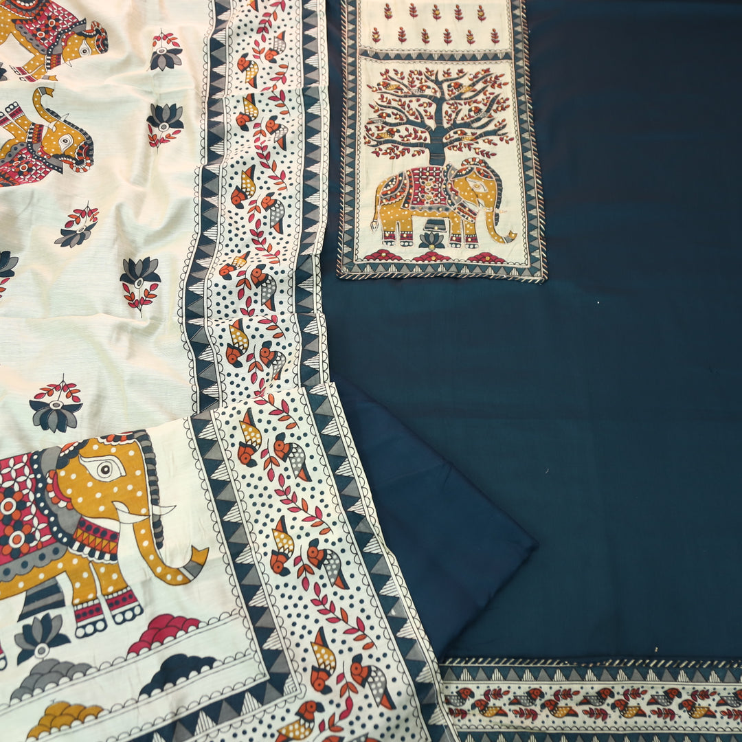 Janki Navy Blue Gajj Madhubani Print Patch Yoke with Chain Zari Work Jam Cotton Suit Set