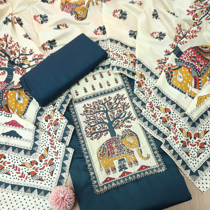 Janki Navy Blue Gajj Madhubani Print Patch Yoke with Chain Zari Work Jam Cotton Suit Set