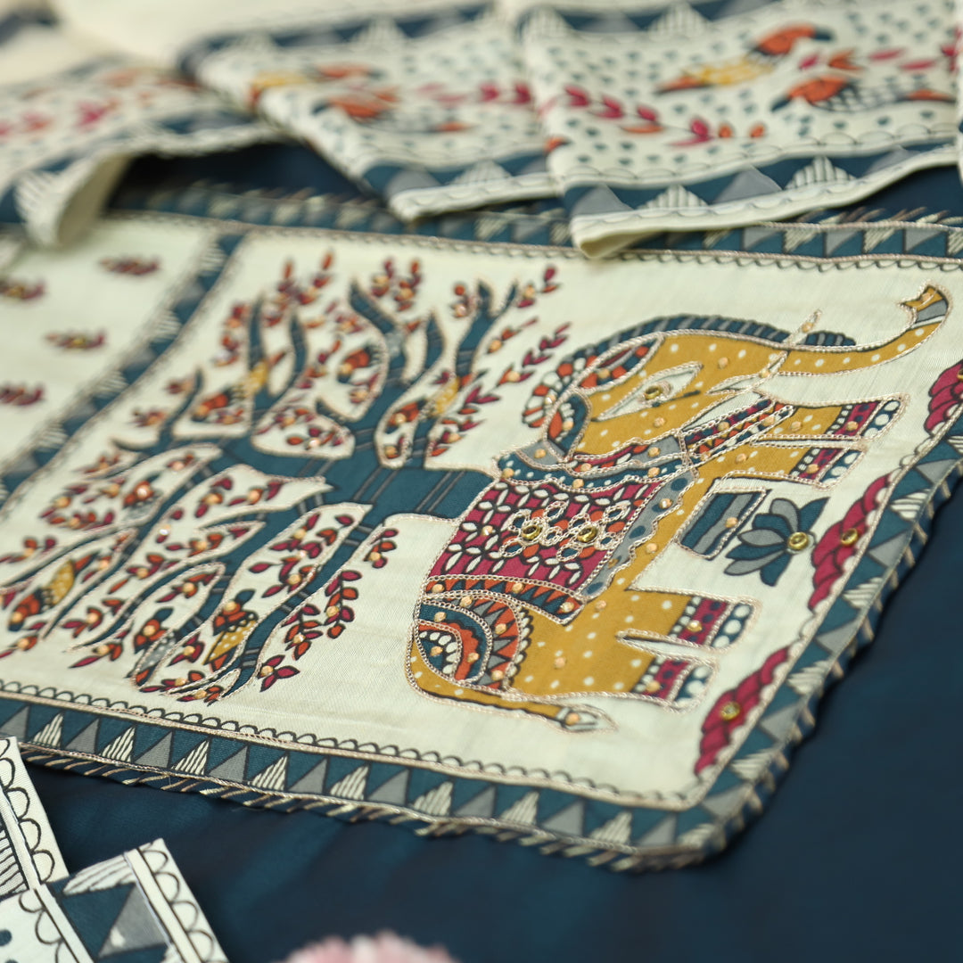 Janki Navy Blue Gajj Madhubani Print Patch Yoke with Chain Zari Work Jam Cotton Suit Set