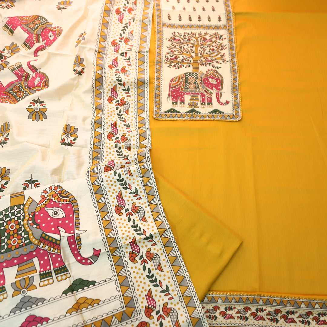 Janki Corn Yellow Gajj Madhubani Print Patch Yoke with Chain Zari Work Jam Cotton Suit Set