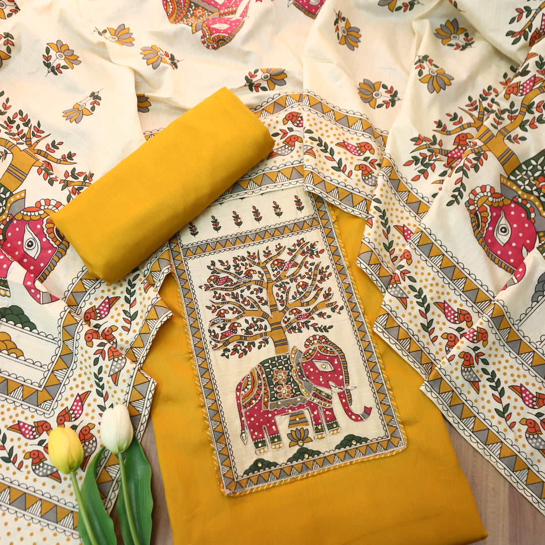 Janki Corn Yellow Gajj Madhubani Print Patch Yoke with Chain Zari Work Jam Cotton Suit Set