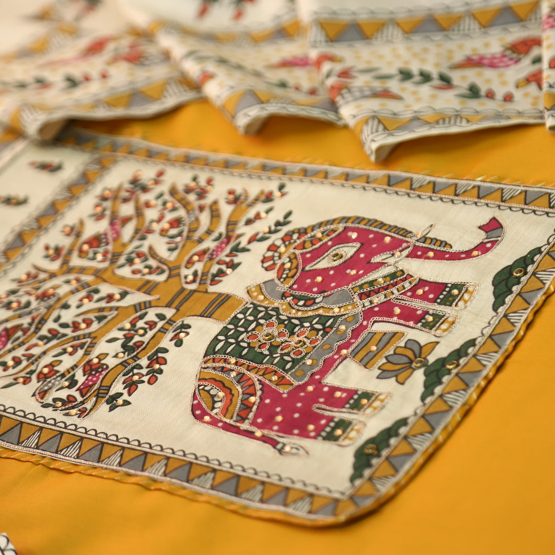 Janki Corn Yellow Gajj Madhubani Print Patch Yoke with Chain Zari Work Jam Cotton Suit Set