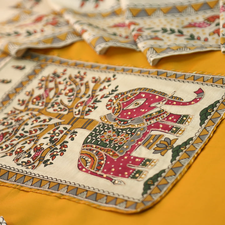 Janki Corn Yellow Gajj Madhubani Print Patch Yoke with Chain Zari Work Jam Cotton Suit Set