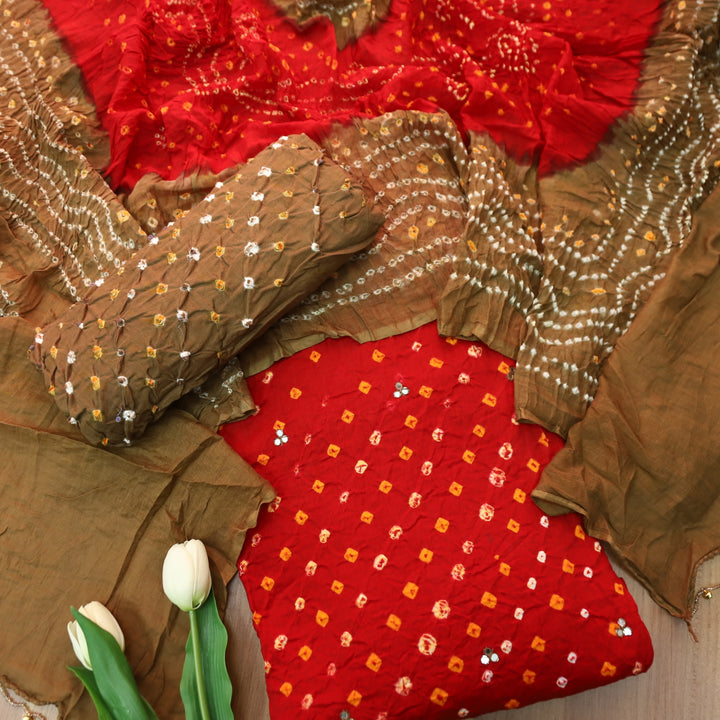 Ruksana Bright Red and Choco All Over Authentic Bandhej Work Cotton Suit Set