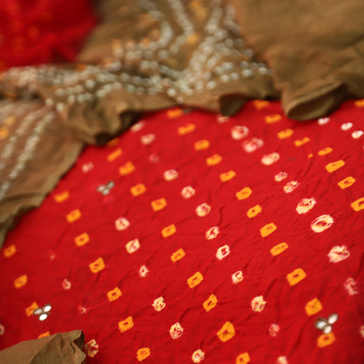Ruksana Bright Red and Choco All Over Authentic Bandhej Work Cotton Suit Set