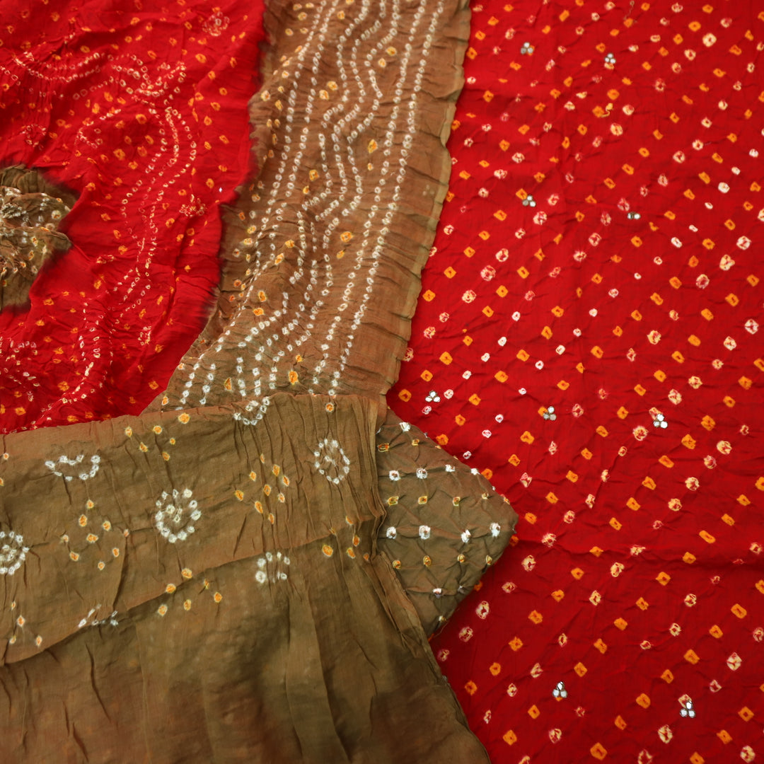 Ruksana Bright Red and Choco All Over Authentic Bandhej Work Cotton Suit Set