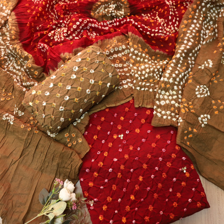 Ruksana Dark Maroon with Choco Beige All Over Authentic Bandhej Work Cotton Suit Set