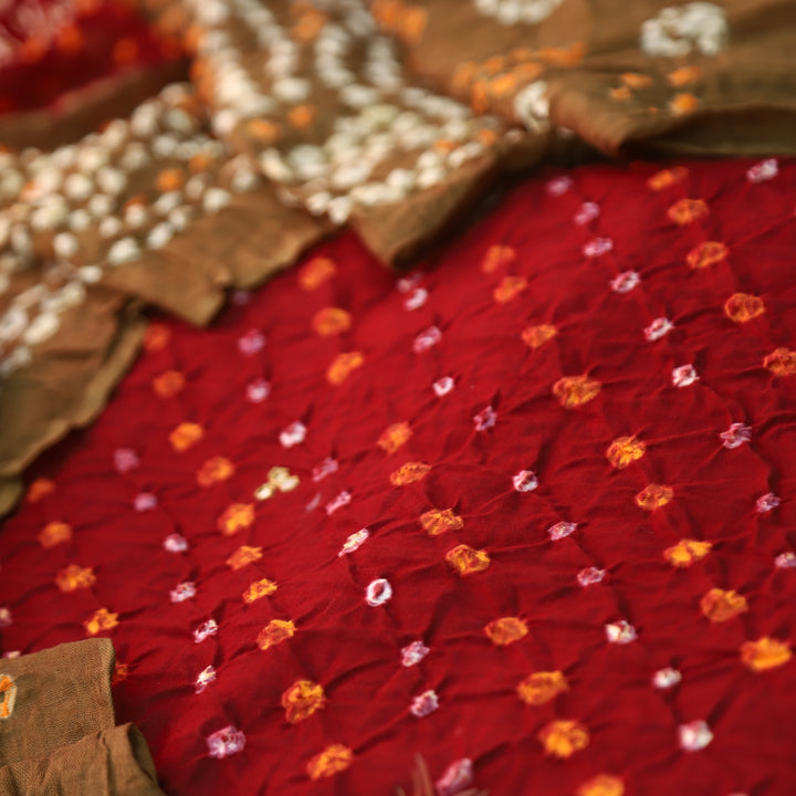 Ruksana Dark Maroon with Choco Beige All Over Authentic Bandhej Work Cotton Suit Set