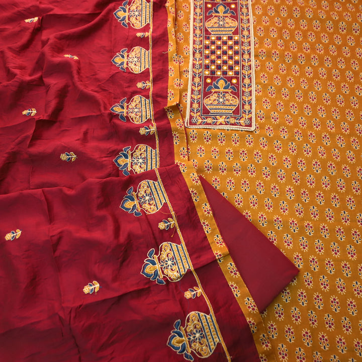 Rooprani Bronze Orange Embroidered Patch Neck Floral Print Cotton Suit Set