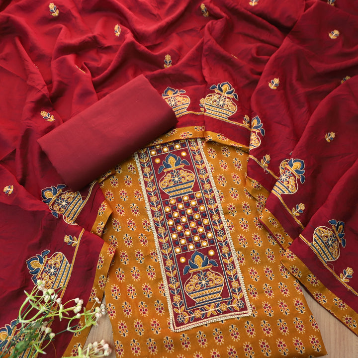 Rooprani Bronze Orange Embroidered Patch Neck Floral Print Cotton Suit Set
