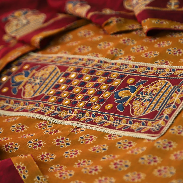 Rooprani Bronze Orange Embroidered Patch Neck Floral Print Cotton Suit Set