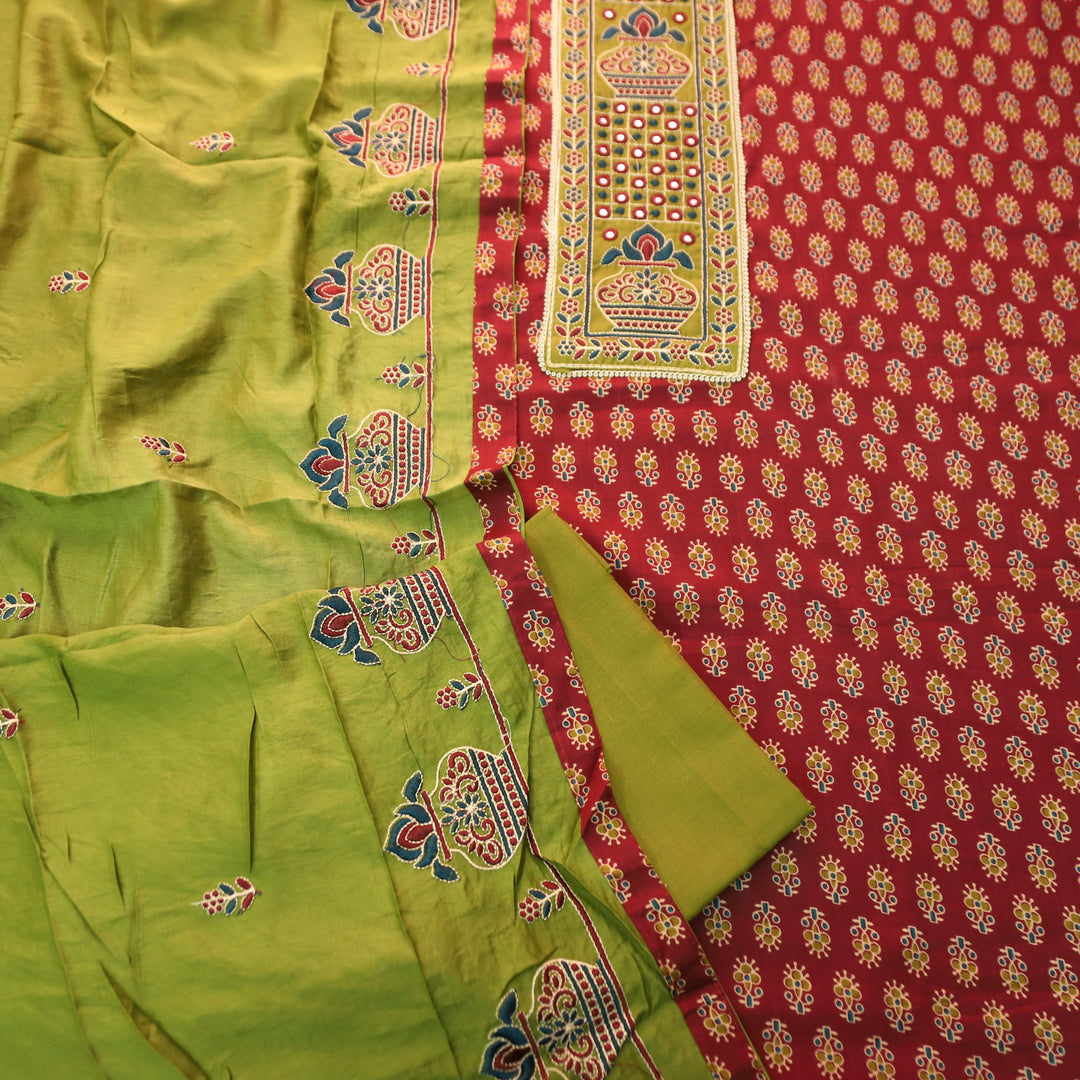 Rooprani Barn Maroon Embroidered Patch Neck Floral Print Cotton Suit Set