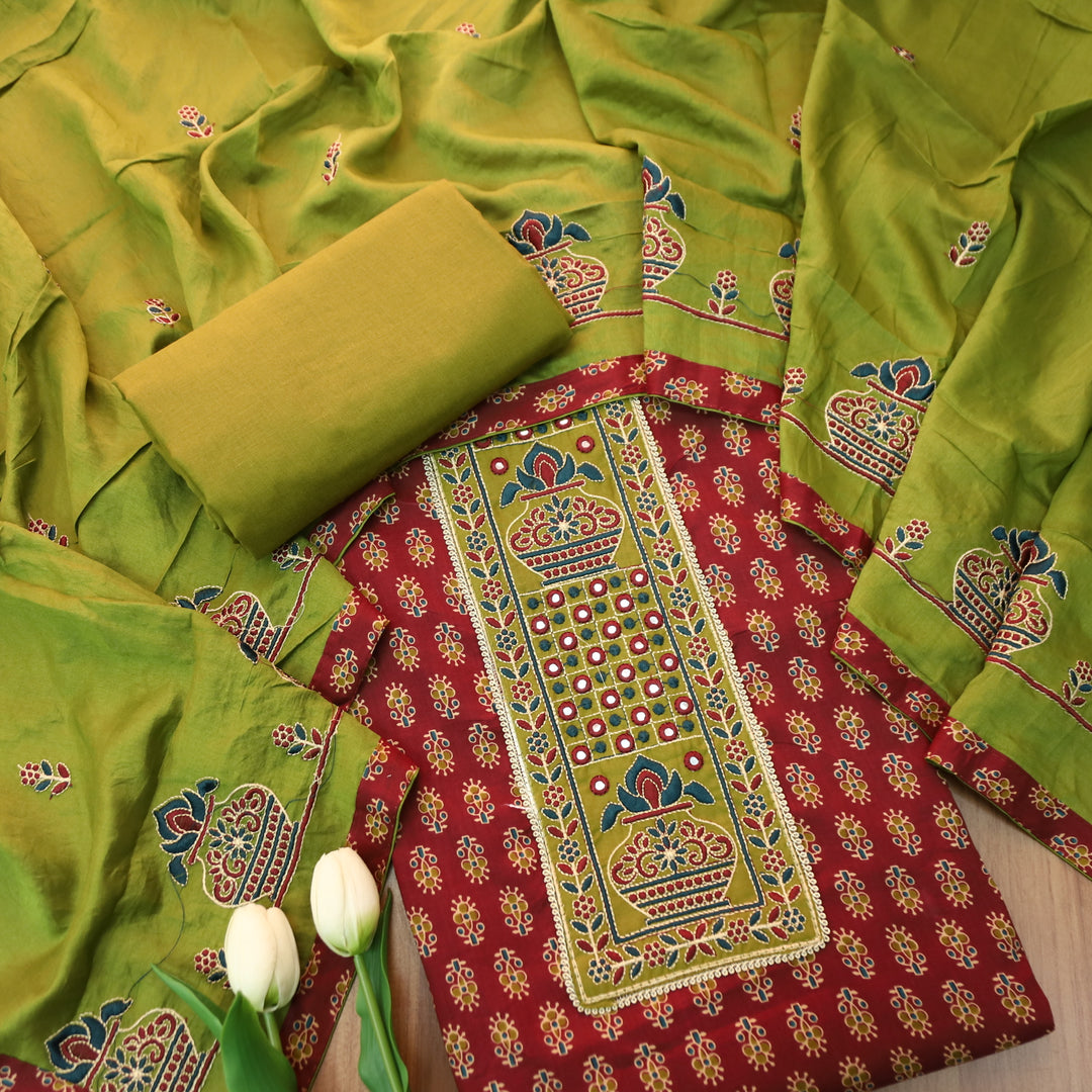 Rooprani Barn Maroon Embroidered Patch Neck Floral Print Cotton Suit Set