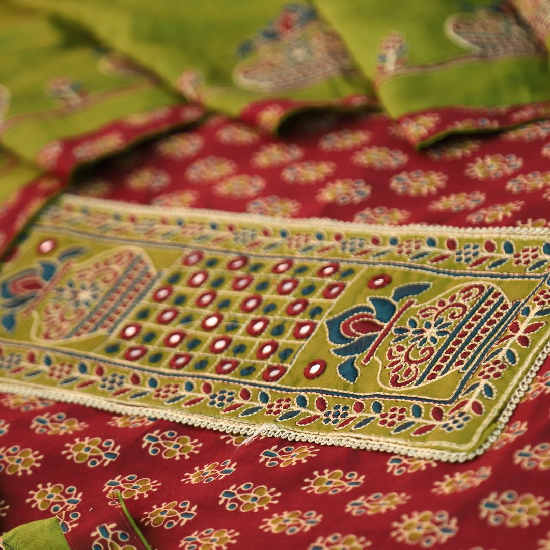 Rooprani Barn Maroon Embroidered Patch Neck Floral Print Cotton Suit Set