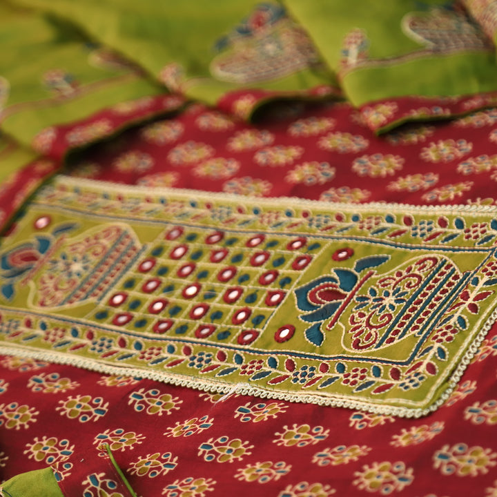 Rooprani Barn Maroon Embroidered Patch Neck Floral Print Cotton Suit Set