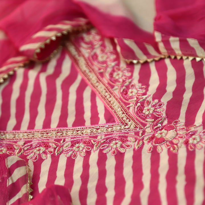 Sajna Pink Mauve All Over Leheriya Print with V Embellish Neck Work Modal Suit Set