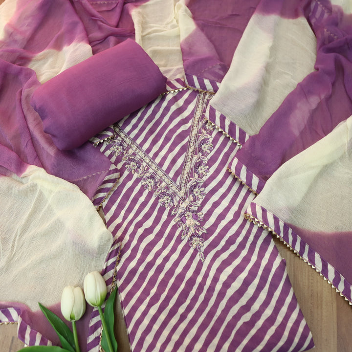 Sajna Orchid Purple All Over Leheriya Print with V Embellish Neck Work Modal Suit Set