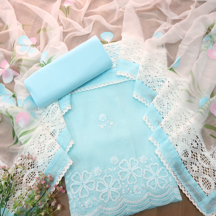 Meherba Baby Blue Floral Embroidery Buti Cut Work Hem Kota Doriya Suit Set