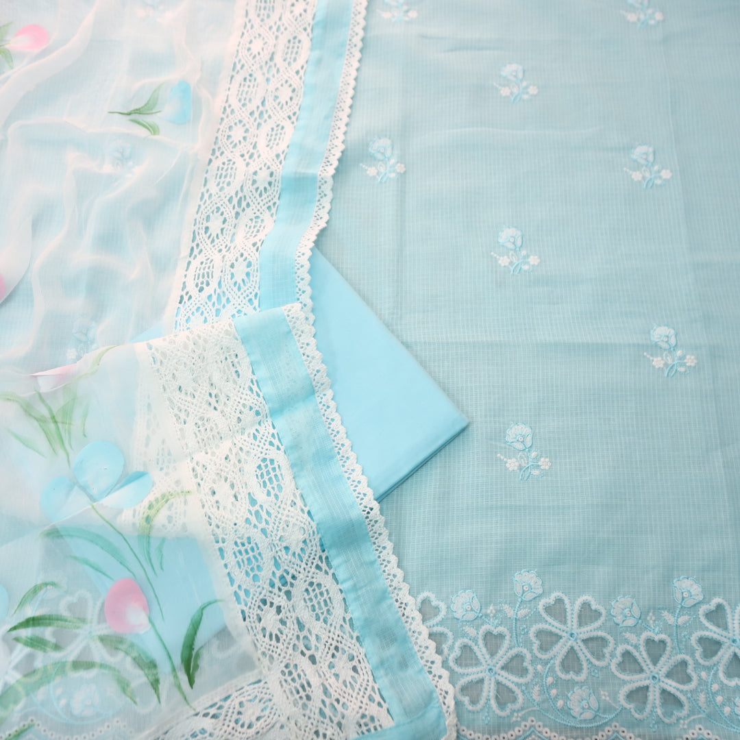 Meherba Baby Blue Floral Embroidery Buti Cut Work Hem Kota Doriya Suit Set