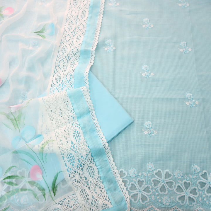 Meherba Baby Blue Floral Embroidery Buti Cut Work Hem Kota Doriya Suit Set