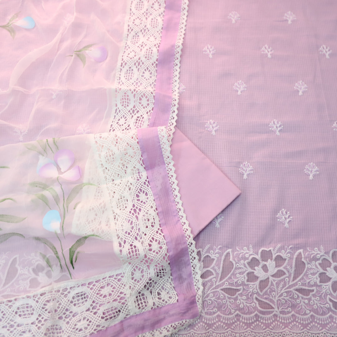 Meherba Soft Lilac Floral Embroidery Buti Cut Work Hem Kota Doriya Suit Set