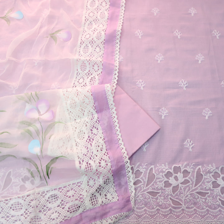 Meherba Soft Lilac Floral Embroidery Buti Cut Work Hem Kota Doriya Suit Set