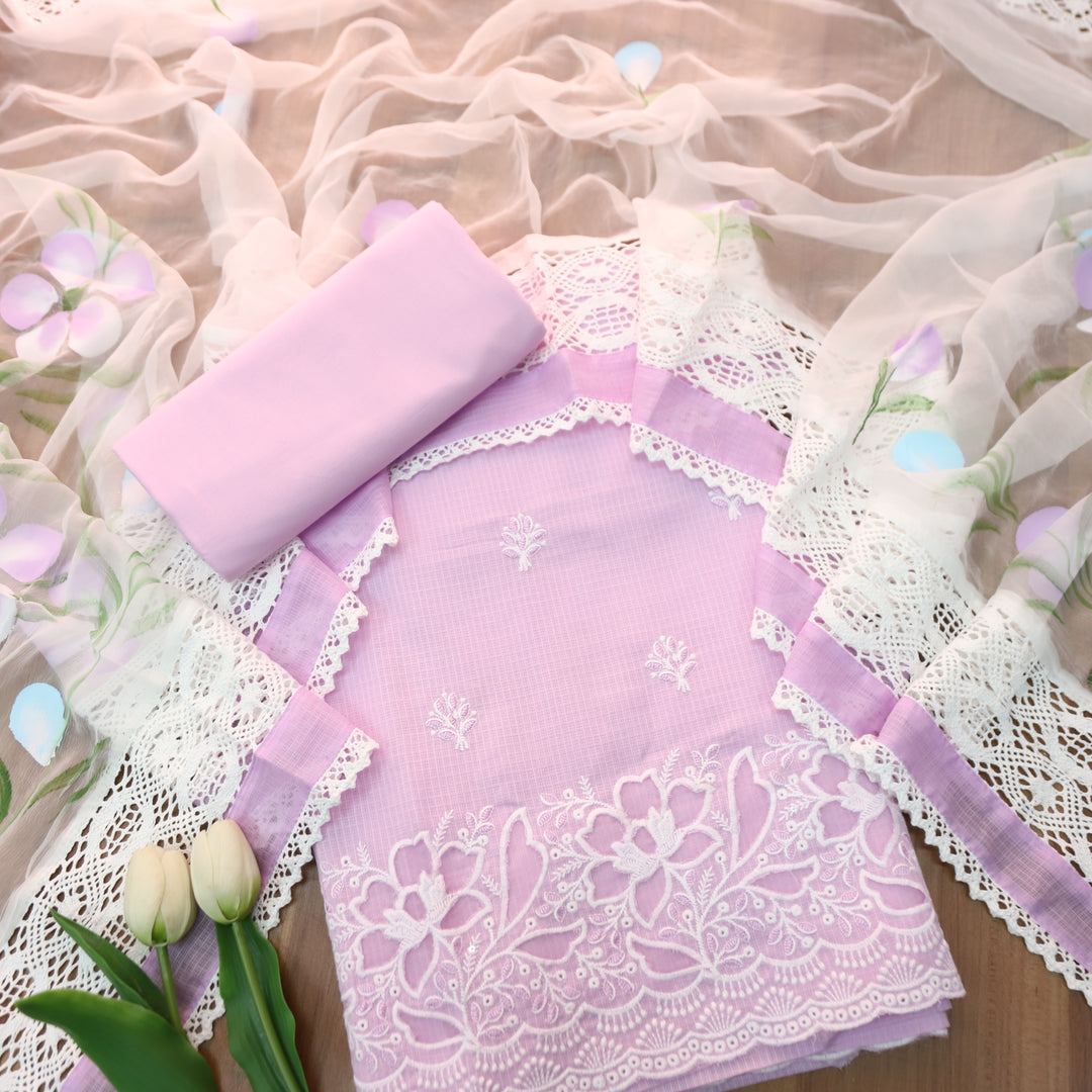 Meherba Soft Lilac Floral Embroidery Buti Cut Work Hem Kota Doriya Suit Set