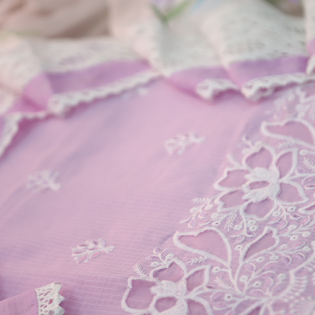 Meherba Soft Lilac Floral Embroidery Buti Cut Work Hem Kota Doriya Suit Set