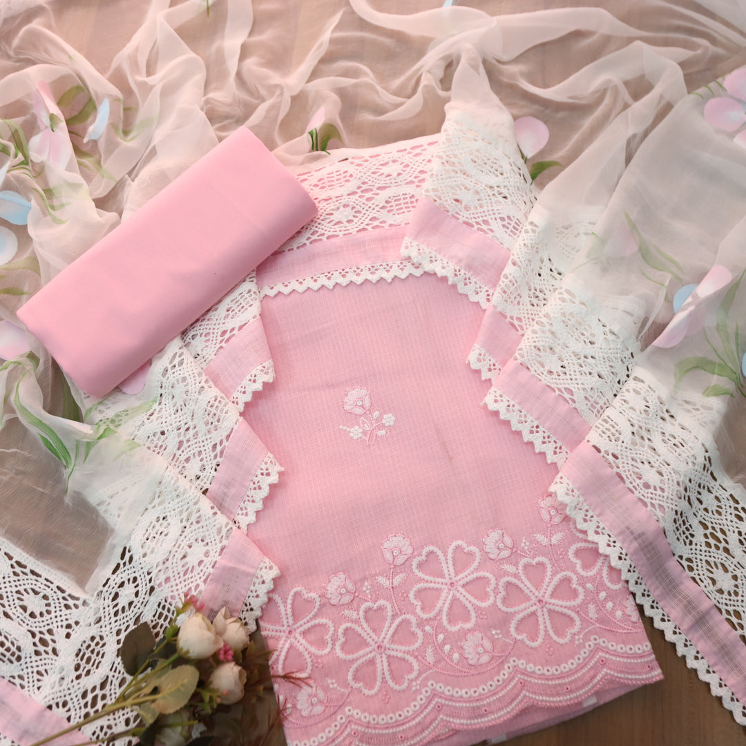 Meherba Baby Pink Floral Embroidery Buti Cut Work Hem Kota Doriya Suit Set