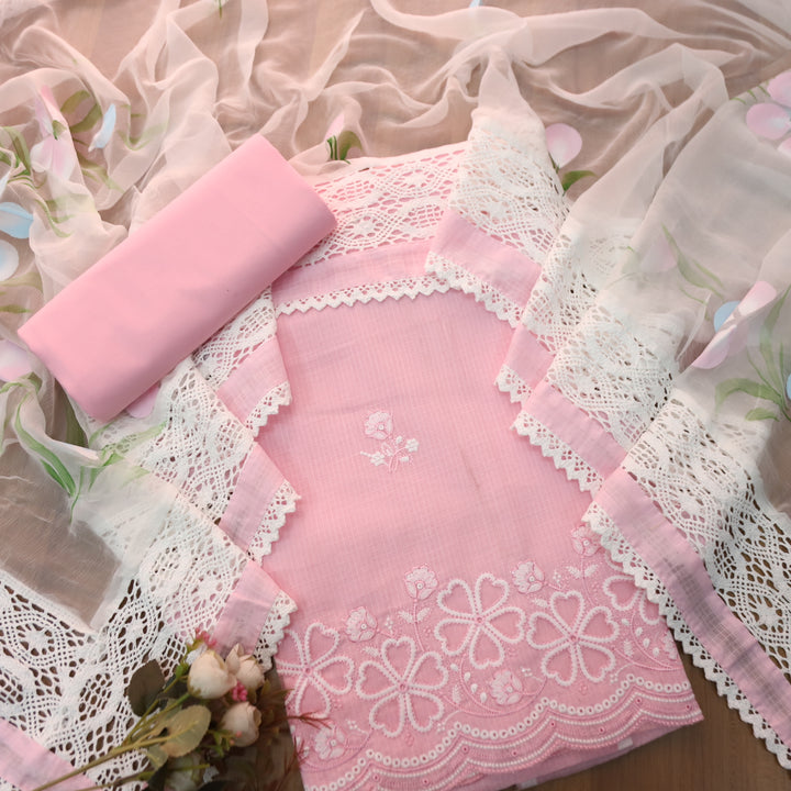 Meherba Baby Pink Floral Embroidery Buti Cut Work Hem Kota Doriya Suit Set
