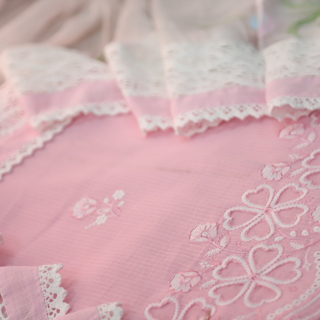 Meherba Baby Pink Floral Embroidery Buti Cut Work Hem Kota Doriya Suit Set