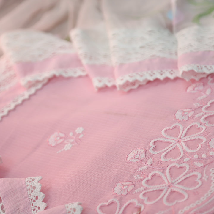 Meherba Baby Pink Floral Embroidery Buti Cut Work Hem Kota Doriya Suit Set