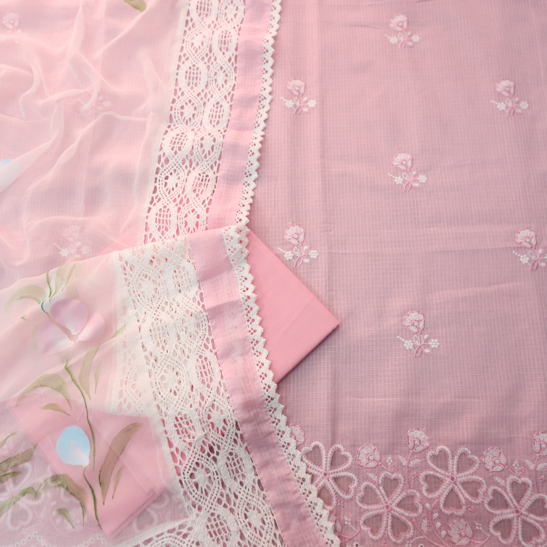 Meherba Baby Pink Floral Embroidery Buti Cut Work Hem Kota Doriya Suit Set