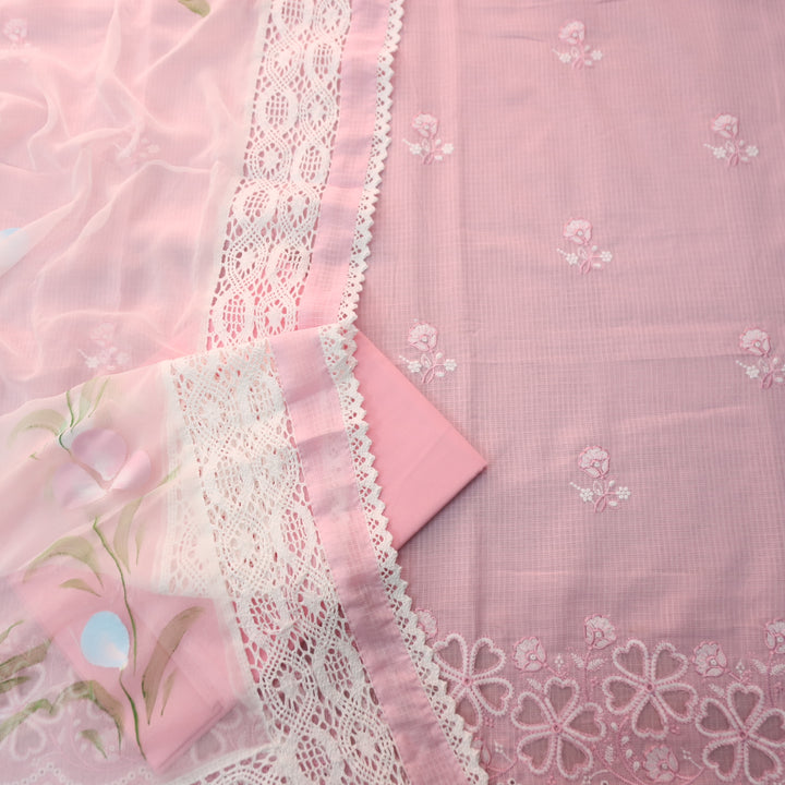 Meherba Baby Pink Floral Embroidery Buti Cut Work Hem Kota Doriya Suit Set