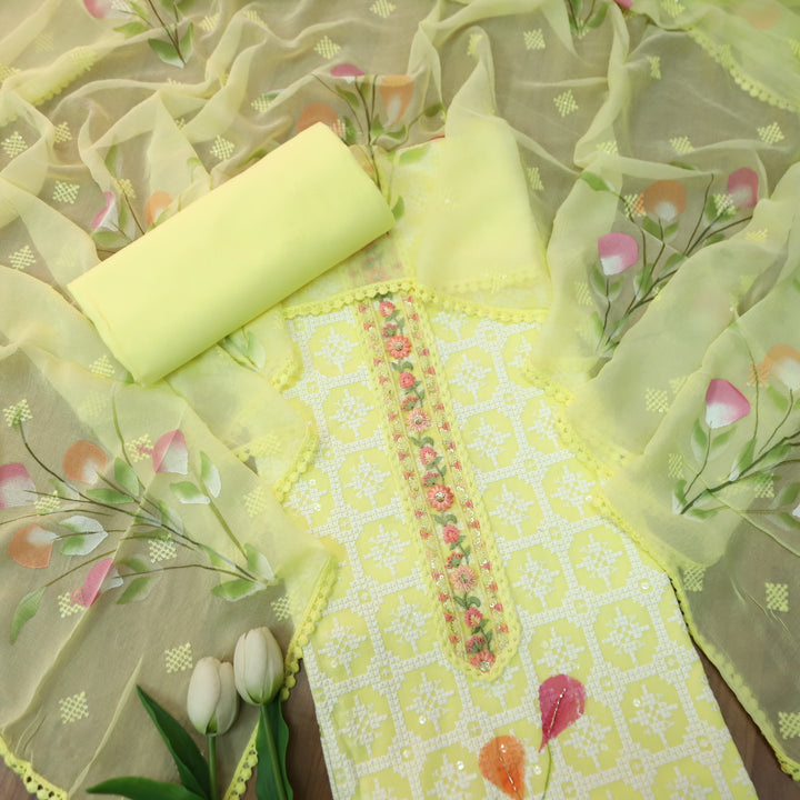 Ruaa Butter Yellow All Over Thread Work with Lace Patch On Neck Cotton Suit Set