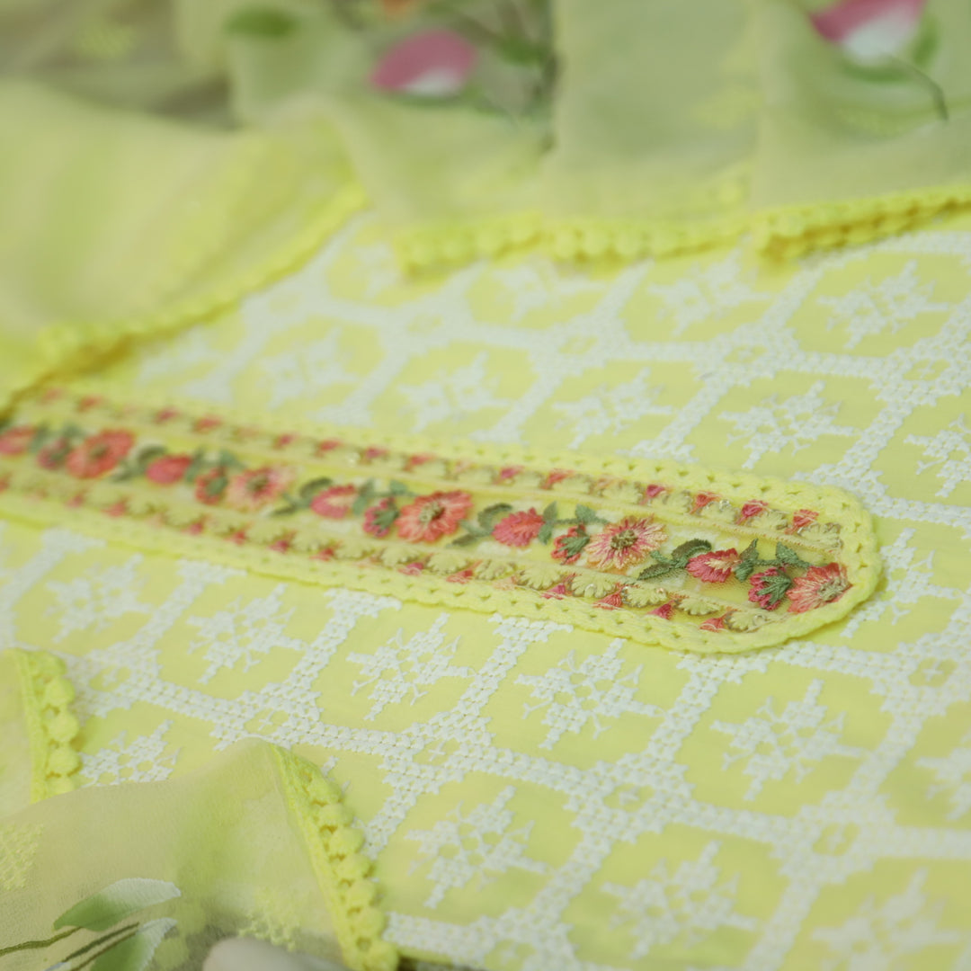 Ruaa Butter Yellow All Over Thread Work with Lace Patch On Neck Cotton Suit Set