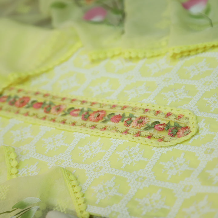 Ruaa Butter Yellow All Over Thread Work with Lace Patch On Neck Cotton Suit Set